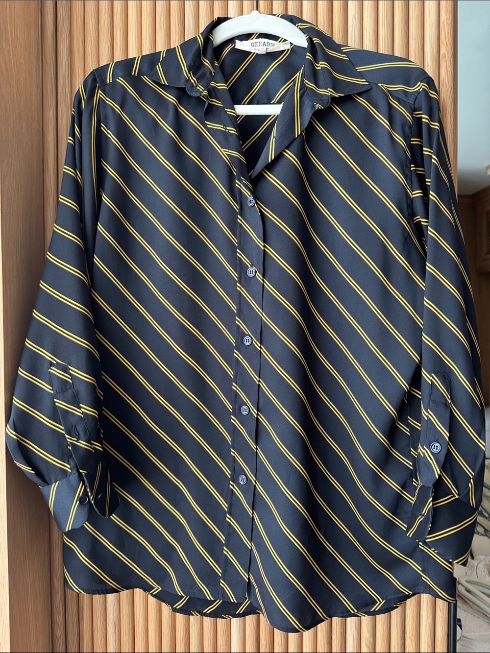 Gerard Darel Black Blouse with Yellow Diagonal Stripes
